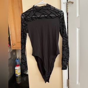 Black bodysuit with mesh and velvet neckline and sleeves